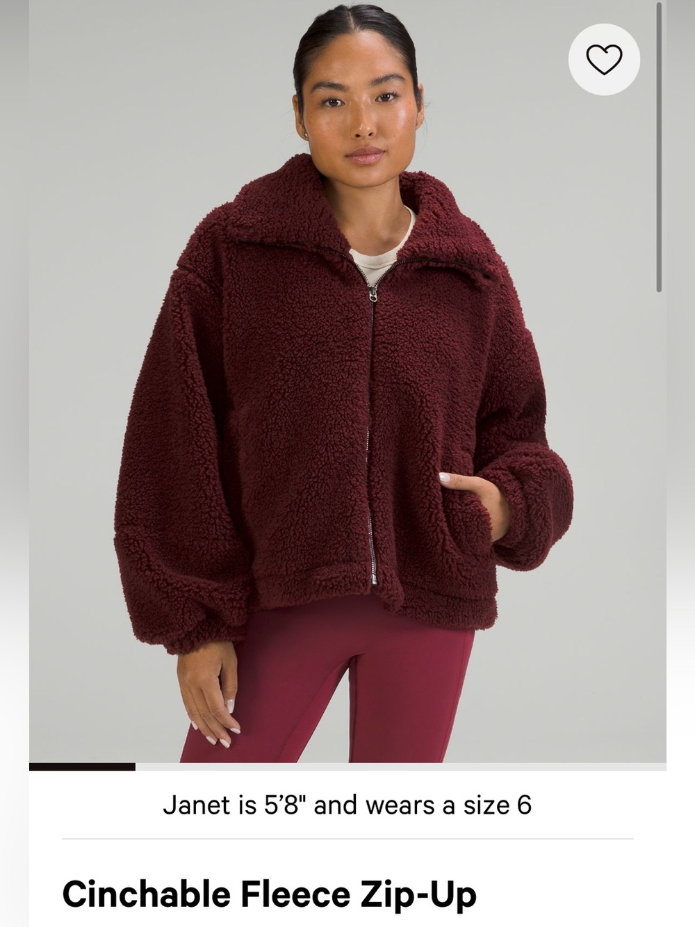 Lululemon Cinchable fleece Zip-up Jacket - Red Merlot